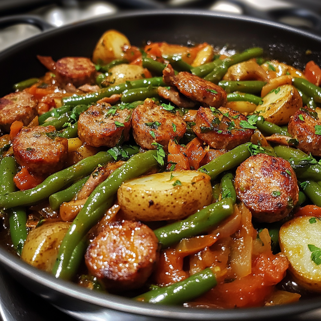 A bowl of smothered green beans and potatoes, featuring tender green beans, soft potatoes, and a rich, savory sauce, served as a comforting side dish.