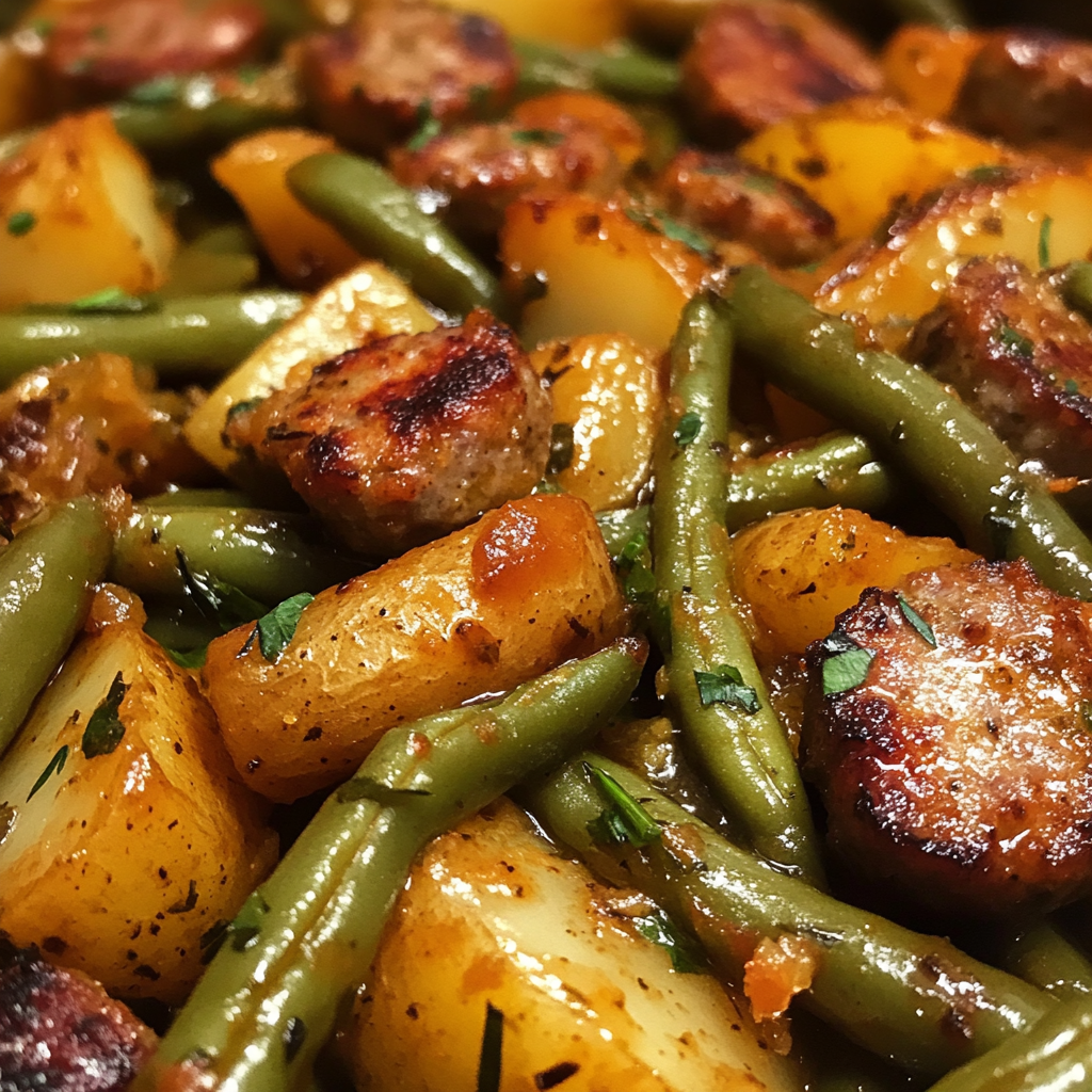 A dish of smothered green beans and potatoes, served as a hearty and flavorful side dish, garnished and ready to enjoy.