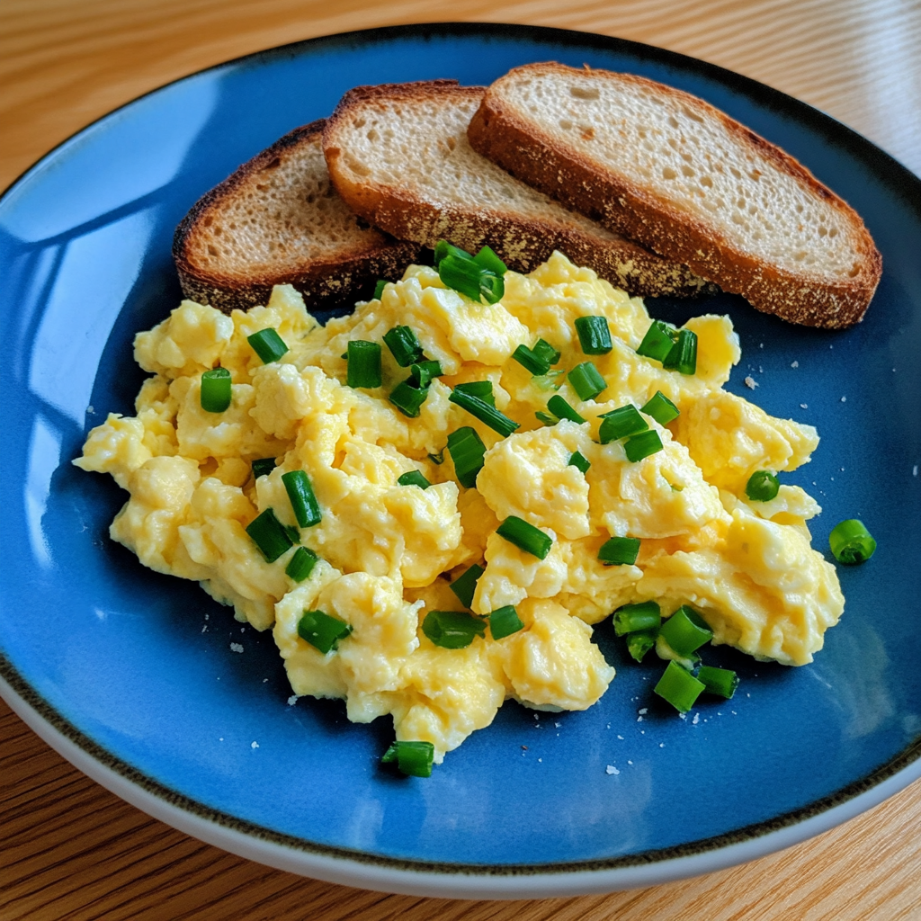 A plate of three scrambled eggs with herbs and a side of toast, showcasing a healthy breakfast option.