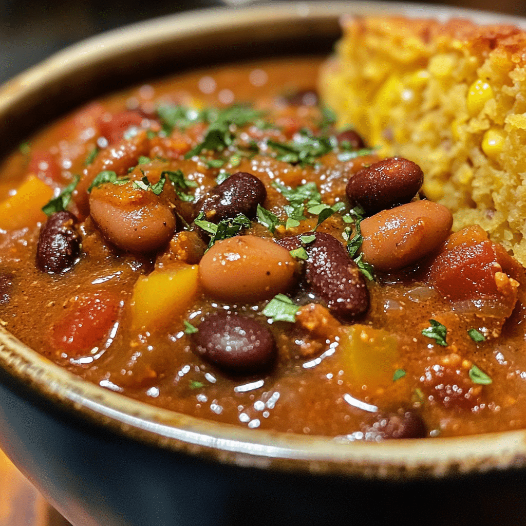 A comforting bowl of seasoned beans served with a slice of golden, buttery cornbread.