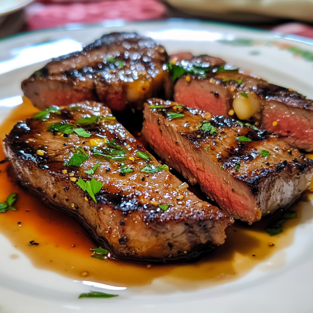 If the image shows a plate of cooked beef chuck eye steak with a garnish, you could write: "A juicy, grilled beef chuck eye steak served on a white plate, garnished with fresh herbs and accompanied by roasted vegetables."