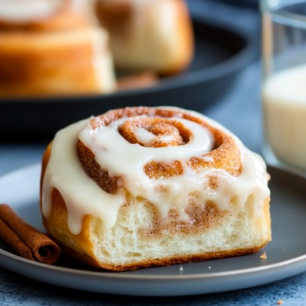 A plate of freshly baked protein cinnamon rolls topped with creamy glaze, showcasing their soft, golden texture.