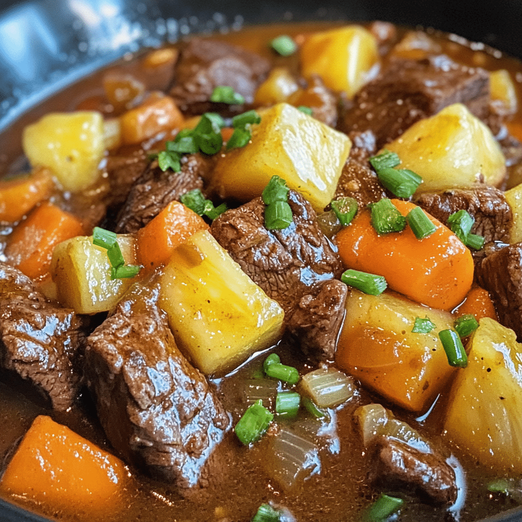 A hearty bowl of Hawaiian beef stew, featuring tender beef, vibrant vegetables, and a rich tomato-based broth, served fresh and warm