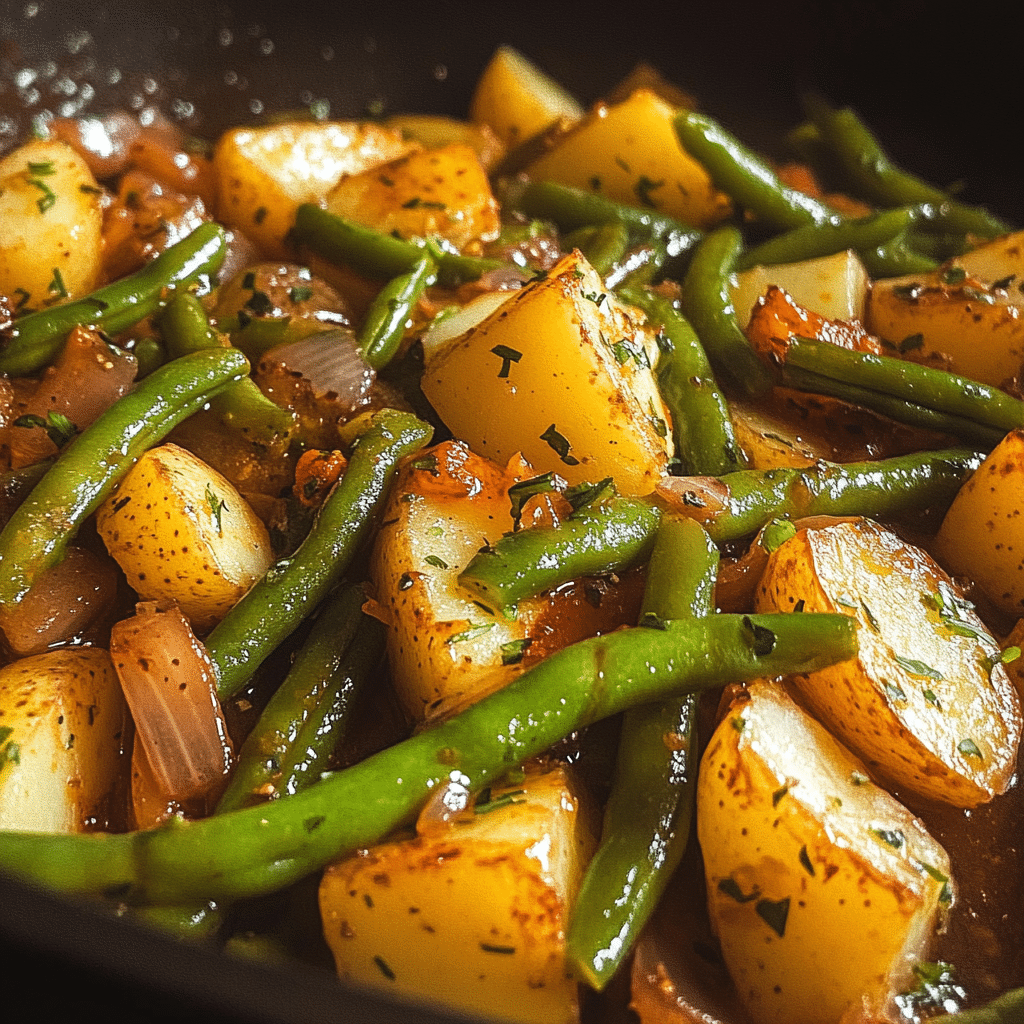 Smothered Green Beans and Potatoes with a savory broth and seasonings.