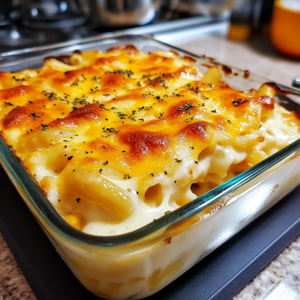 A creamy bowl of white mac and cheese, topped with melted cheese and served with a sprinkle of herbs.