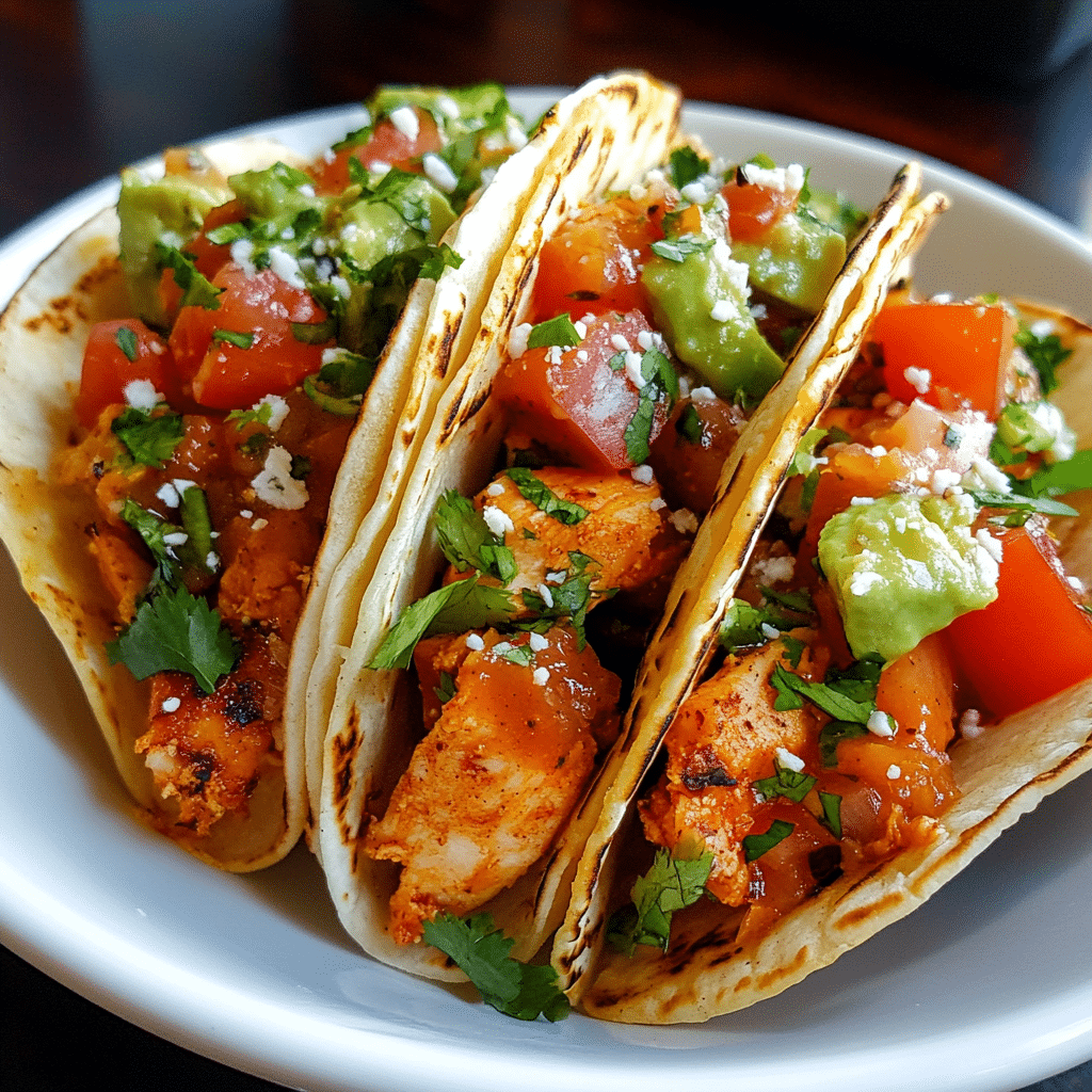 A plate of Baja chicken tacos topped with fresh salsa, creamy sauce, and lime wedges, served on a rustic wooden table.