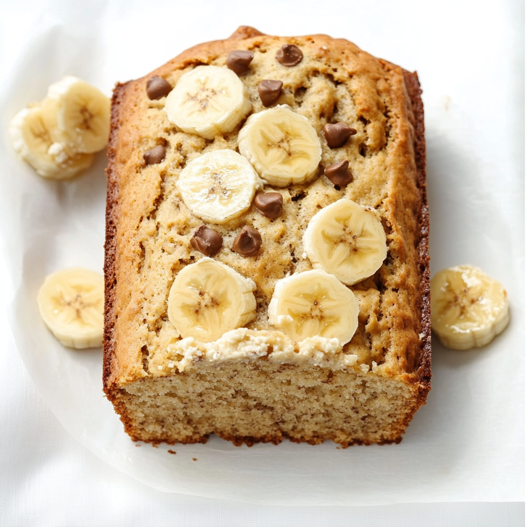 A loaf of golden-brown cottage cheese banana bread, freshly sliced, placed on a wooden cutting board with a background of ripe bananas and a small bowl of cottage cheese.