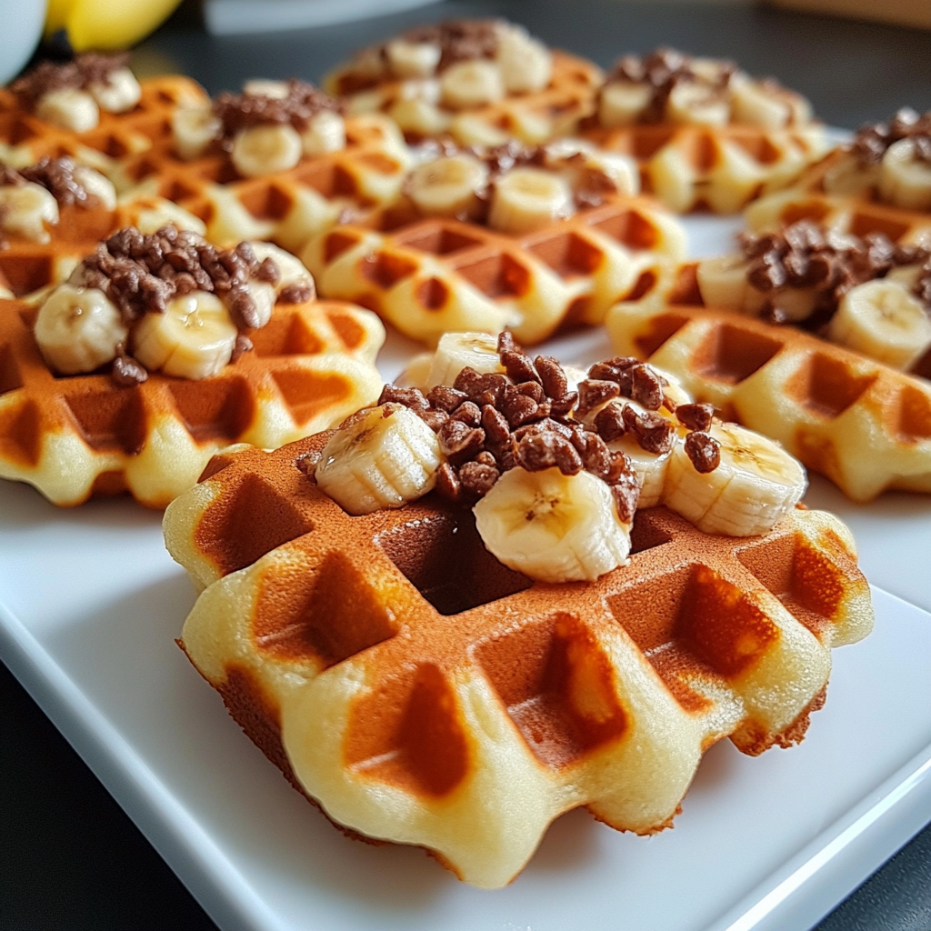 Golden banana waffles served on a plate with fresh banana slices, a drizzle of maple syrup, and a sprinkle of nuts.