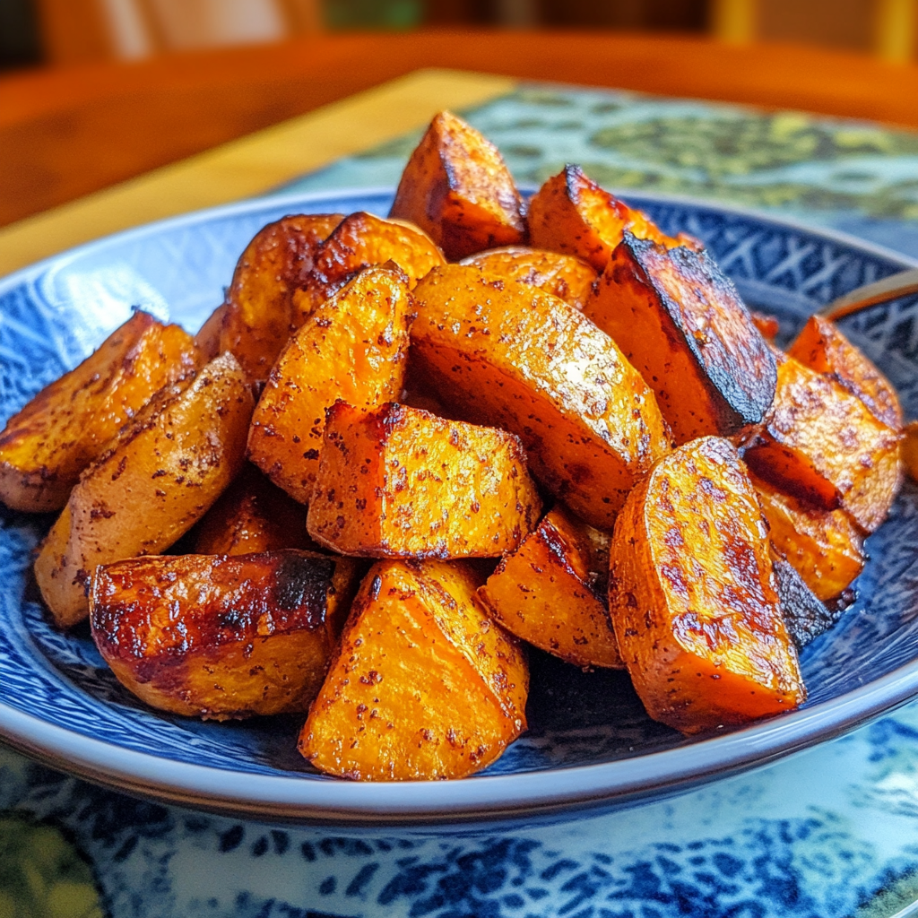 Easy cinnamon maple roasted sweet potatoes on a baking sheet, perfectly caramelized and crispy.