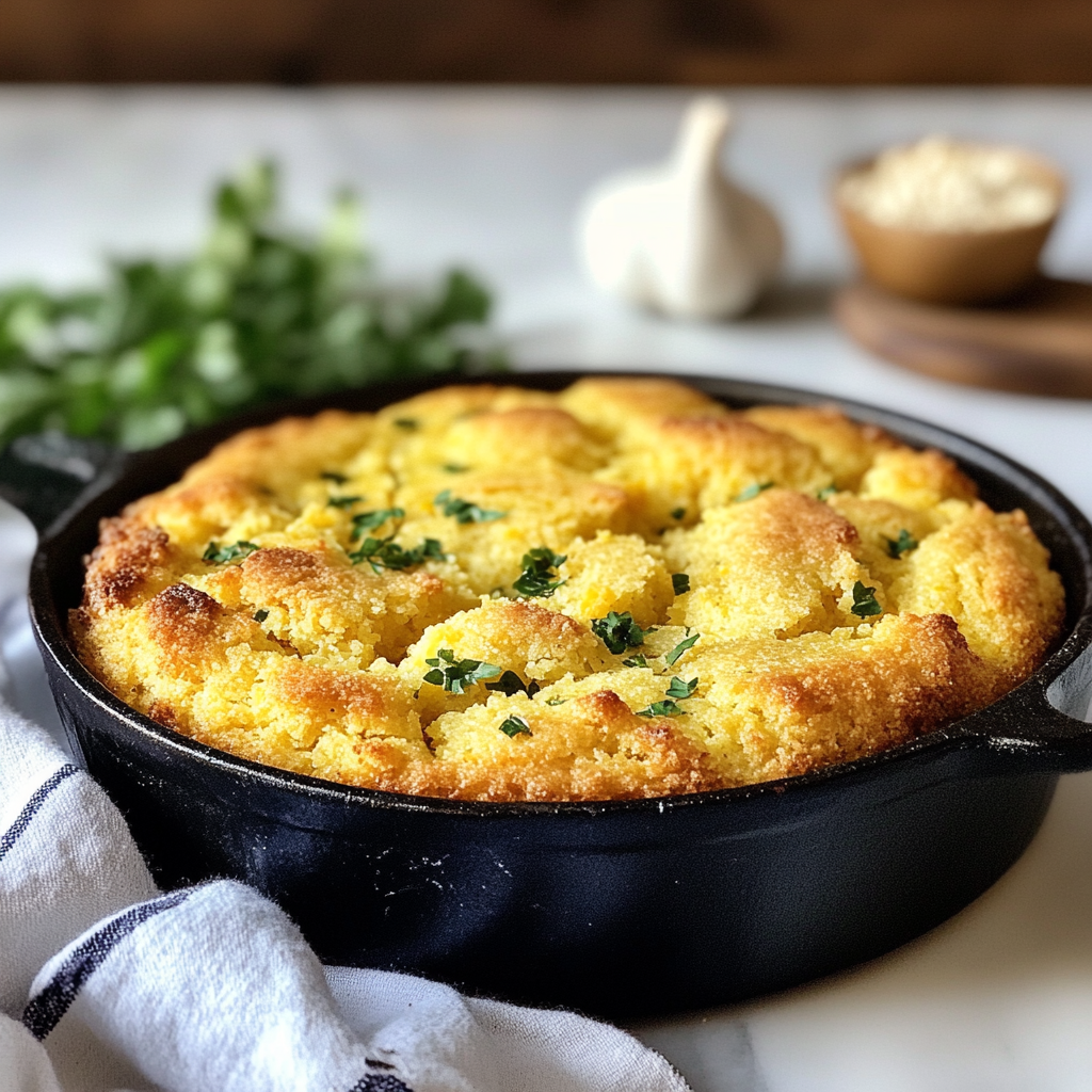 A hearty bowl of beans paired with a slice of golden, freshly baked cornbread served on a rustic wooden table, garnished with fresh herbs.