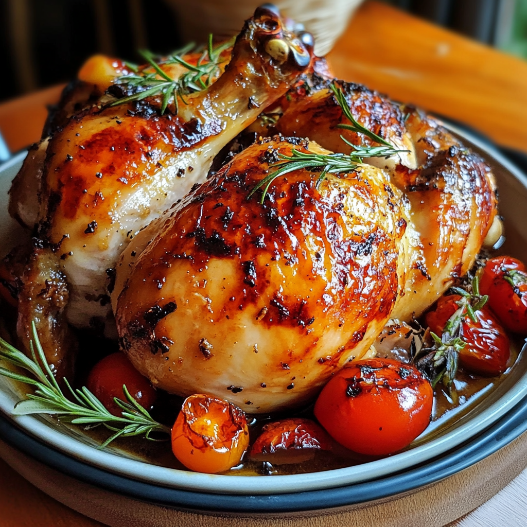 Golden-brown roasted half chicken served with fresh herbs and vegetables, ready to enjoy.