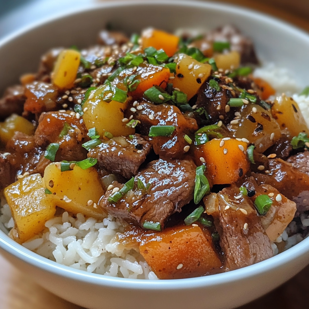 A hearty bowl of Hawaiian beef stew, featuring tender beef, vibrant vegetables, and a rich tomato-based broth, served fresh and warm