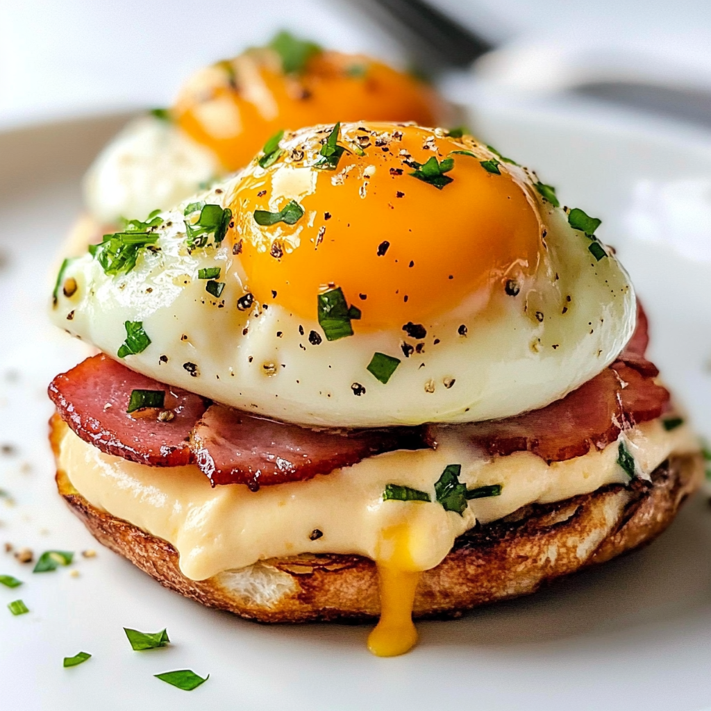 A plate of Irish Eggs Benedict with poached eggs, hollandaise sauce, crispy bacon, and Irish soda bread.