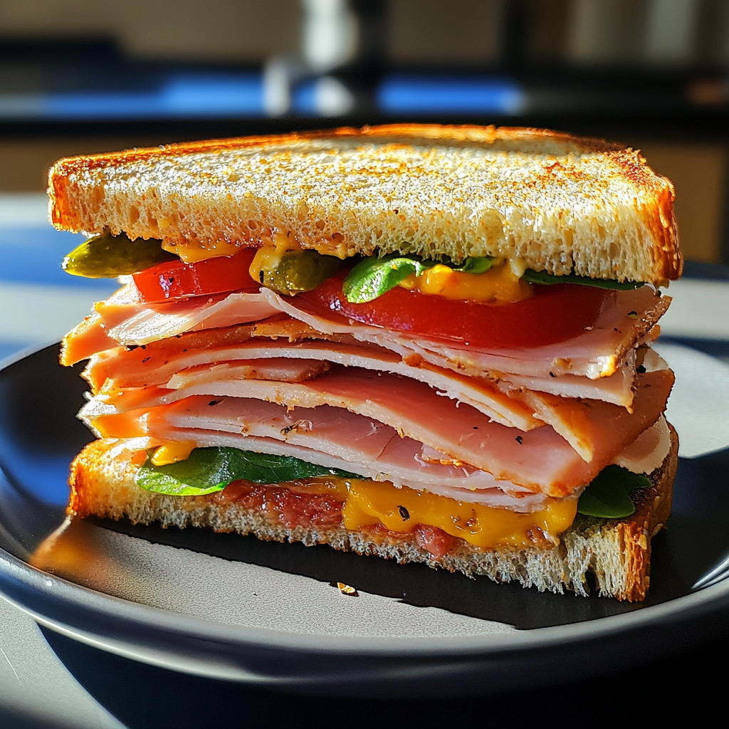 A freshly made ham and turkey sandwich layered with crisp lettuce, ripe tomatoes, and creamy condiments on toasted bread.