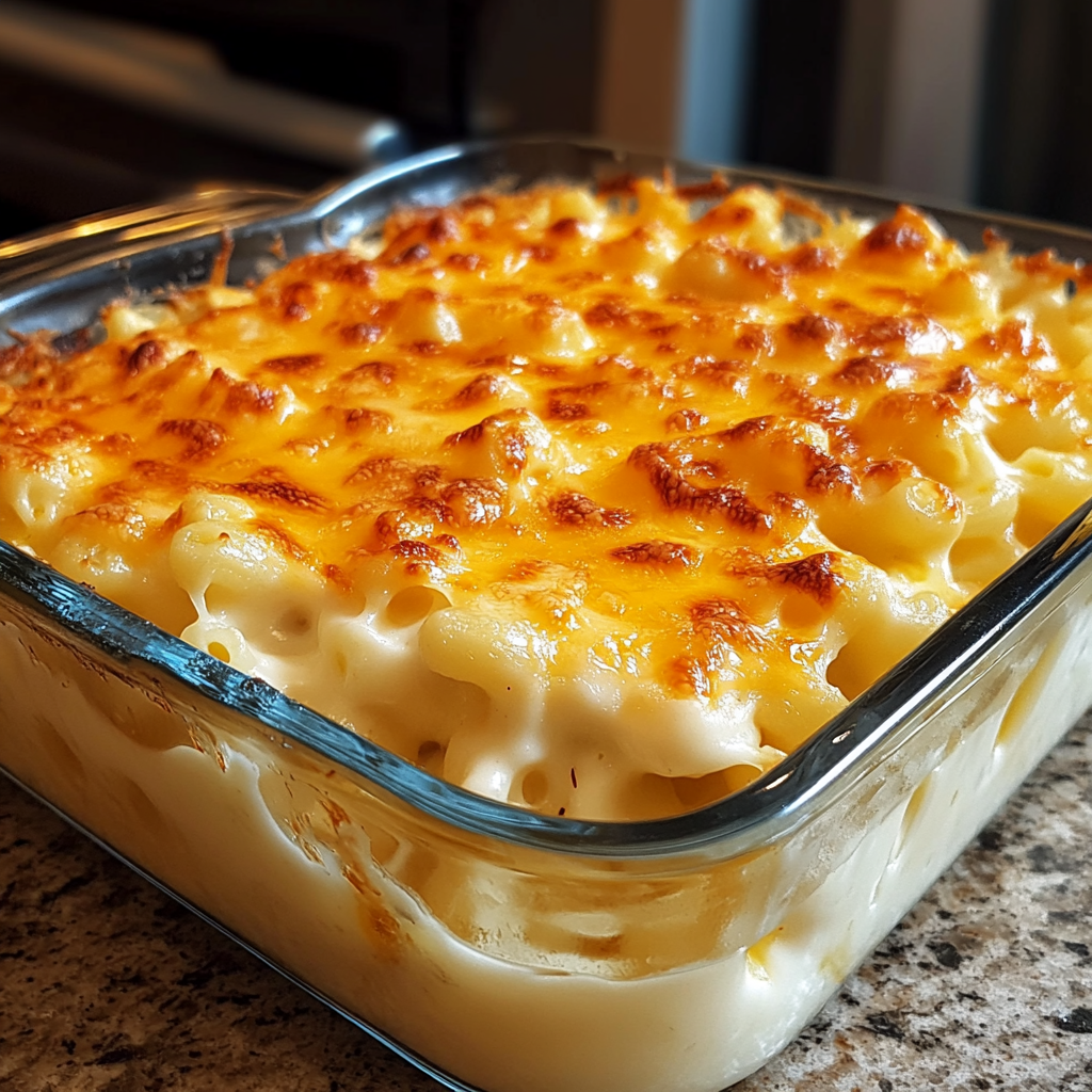 A bowl of creamy white macaroni and cheese, garnished with fresh herbs.