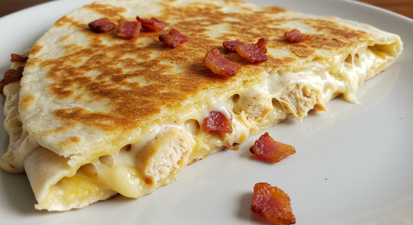 A close-up of a golden-brown bacon ranch chicken quesadilla sliced into triangles, oozing with melted cheese and savory fillings. Served on a modern plate with a side of dipping sauce.