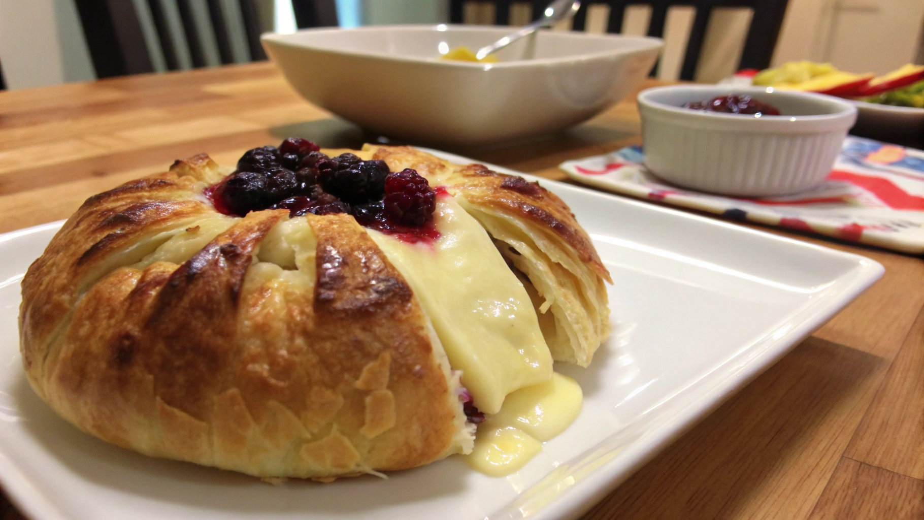 Golden baked Brie en Croûte served on a wooden platter with fresh fruit and crackers.