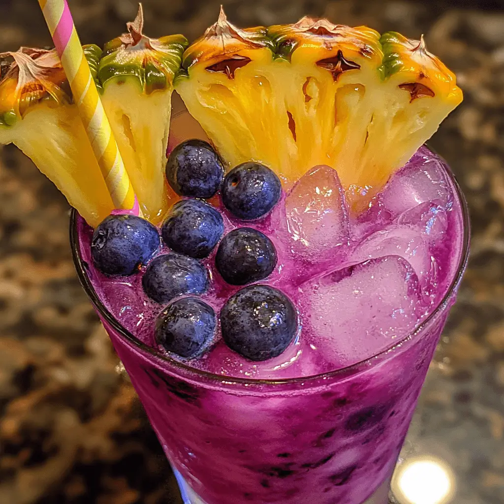 Refreshing Blueberry Pineapple Mocktail served in a glass with fresh fruit garnishes.