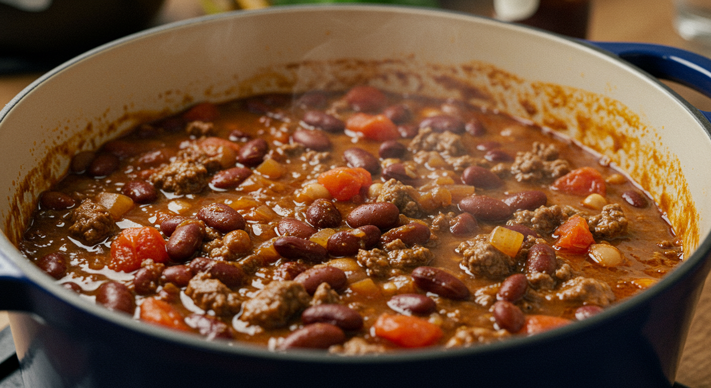 A bowl of Brewery Bar 2 Chili served hot, garnished with shredded cheese and a dollop of sour cream, placed on a rustic wooden table alongside a side of crackers and a pint of beer.