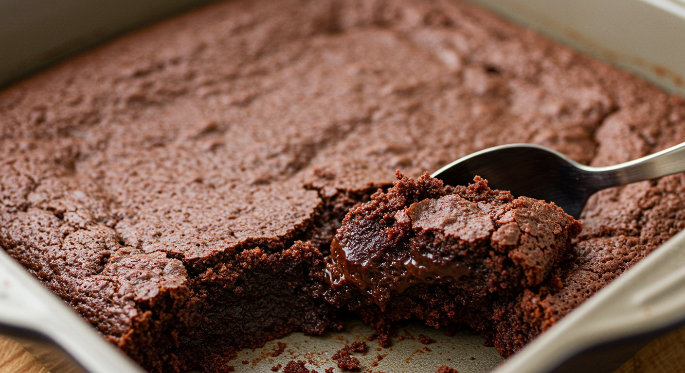 A close-up image of rich, fudgy brownies stacked on a wooden board, showcasing their glossy top and dense texture, garnished with a sprinkle of powdered sugar and a few chocolate chunks.