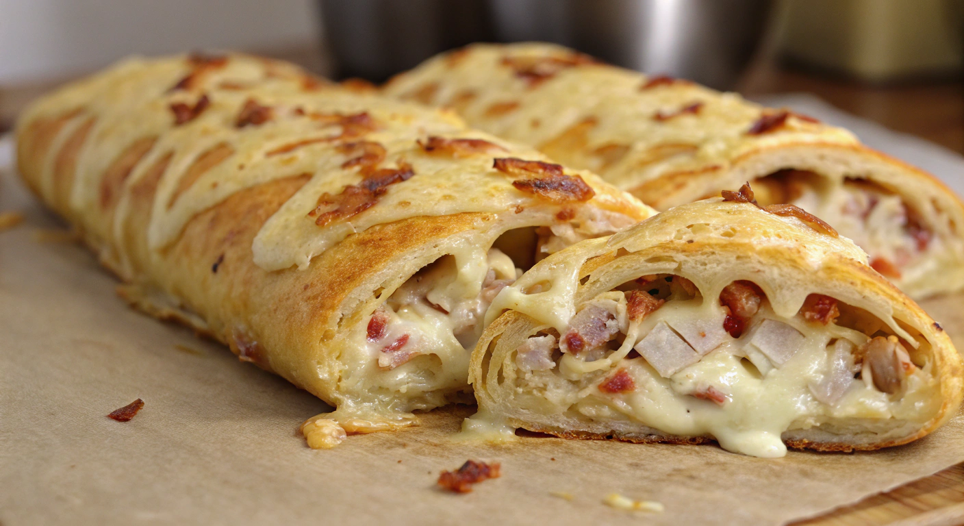 Golden Chicken Bacon Ranch Stromboli with melted cheese and crispy crust