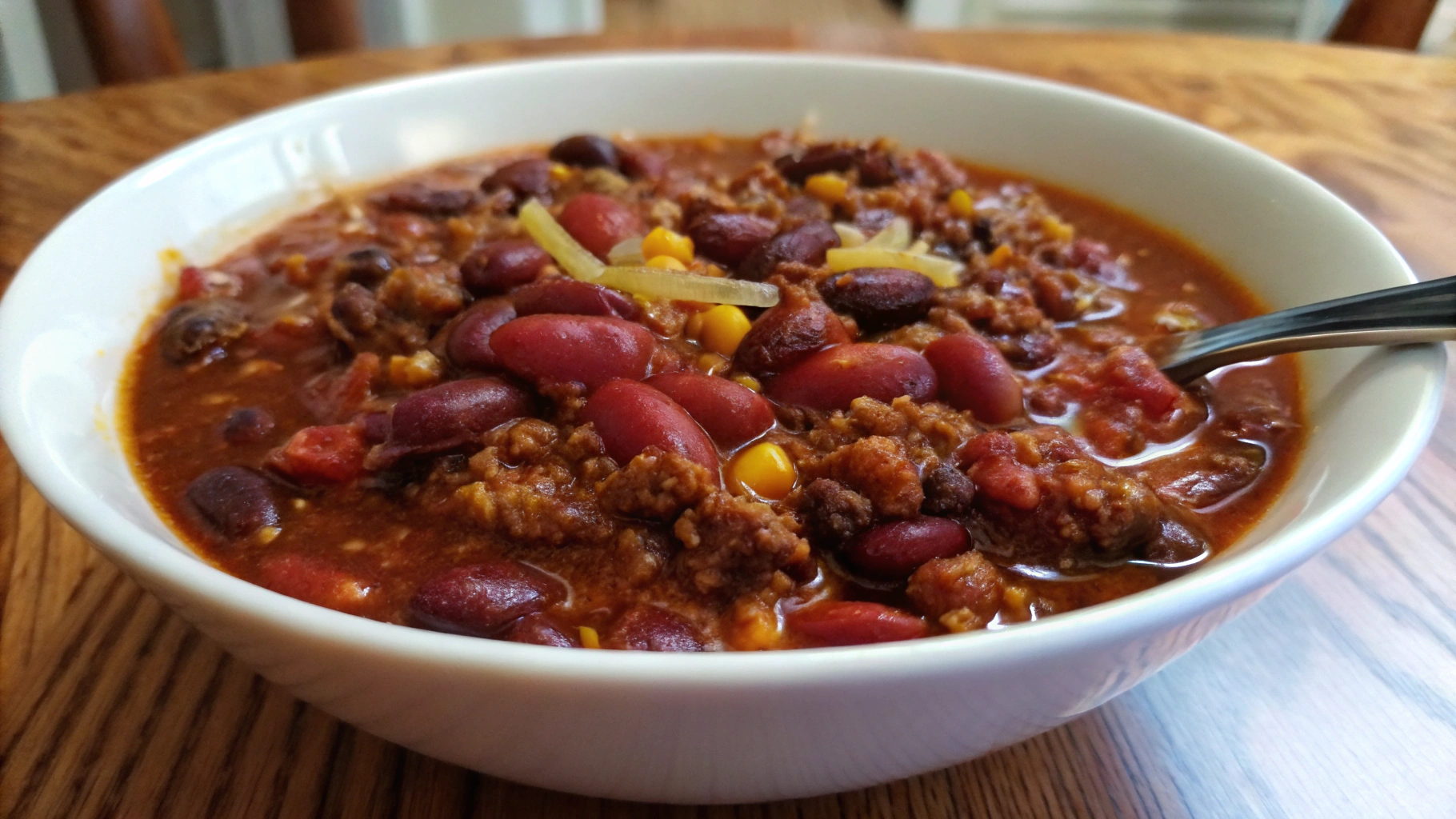 A bowl of hearty, flavorful chili topped with cheese and fresh herbs, served with a side of cornbread.