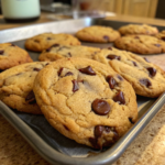 Brown hands of a woman preparing chocolate chip cookies step by step in a modern kitchen.