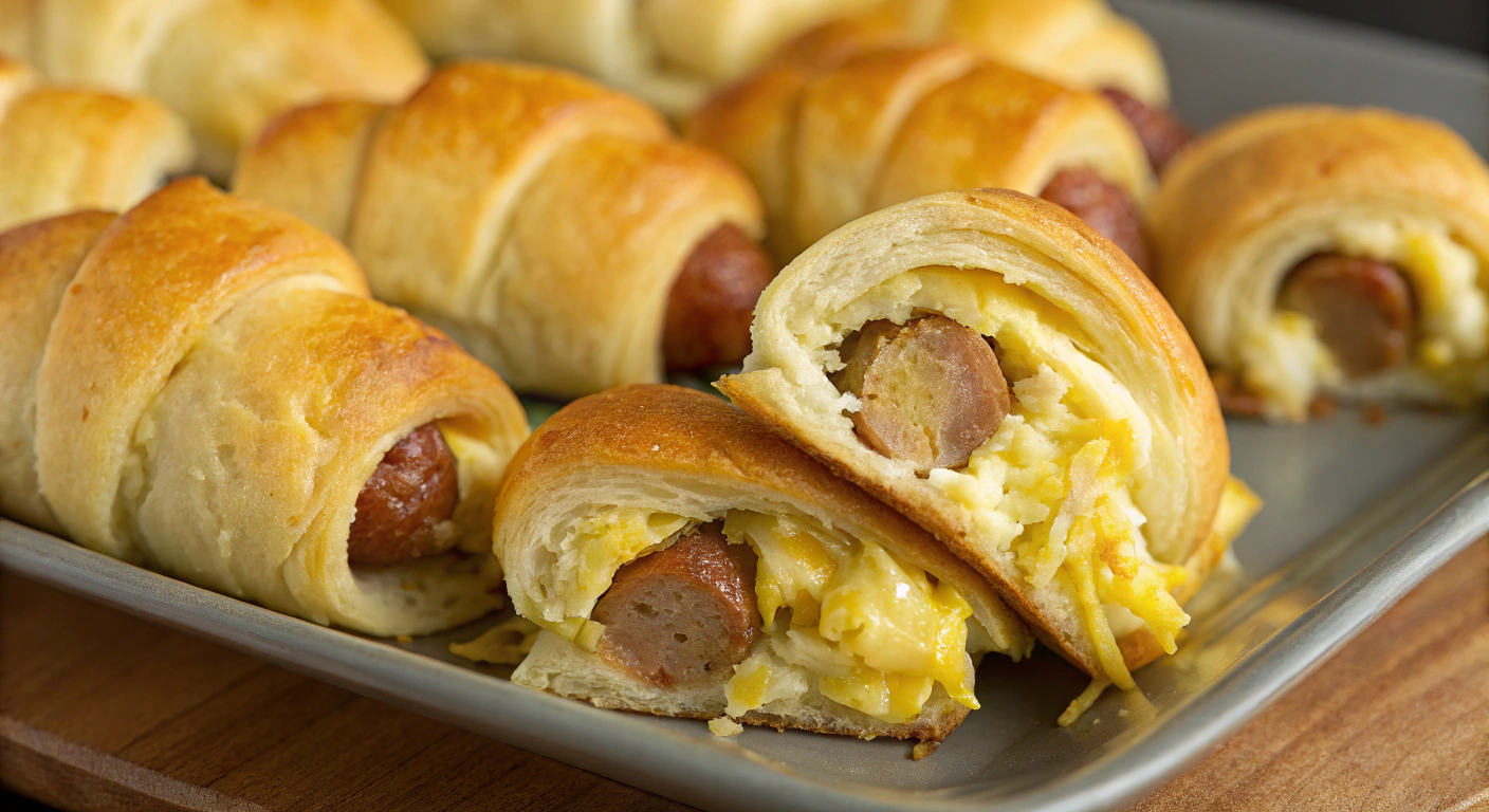 Crescent roll-ups filled with sausage, egg, and cheese, ready to serve for a tasty breakfast.