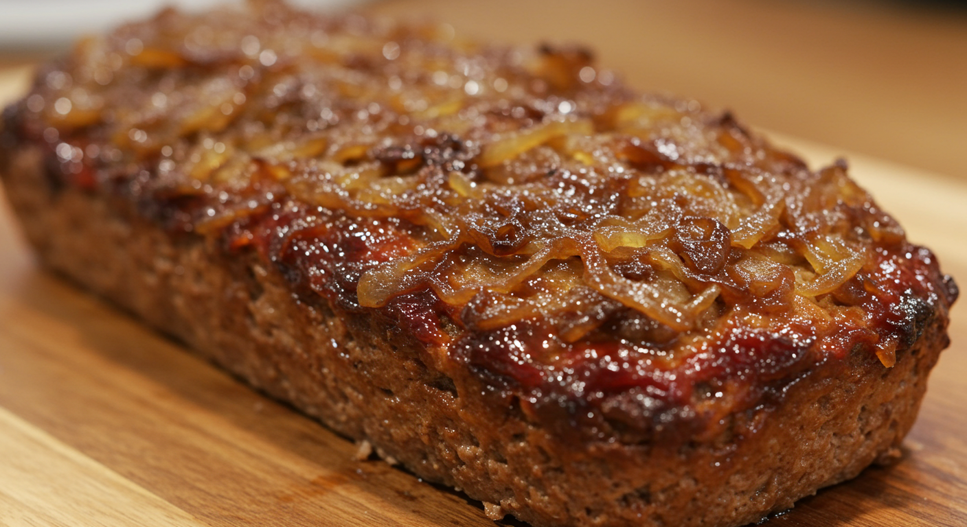 French Onion Meatloaf on a wooden board, garnished with fresh herbs and served with caramelized onions, surrounded by a modern kitchen backdrop.