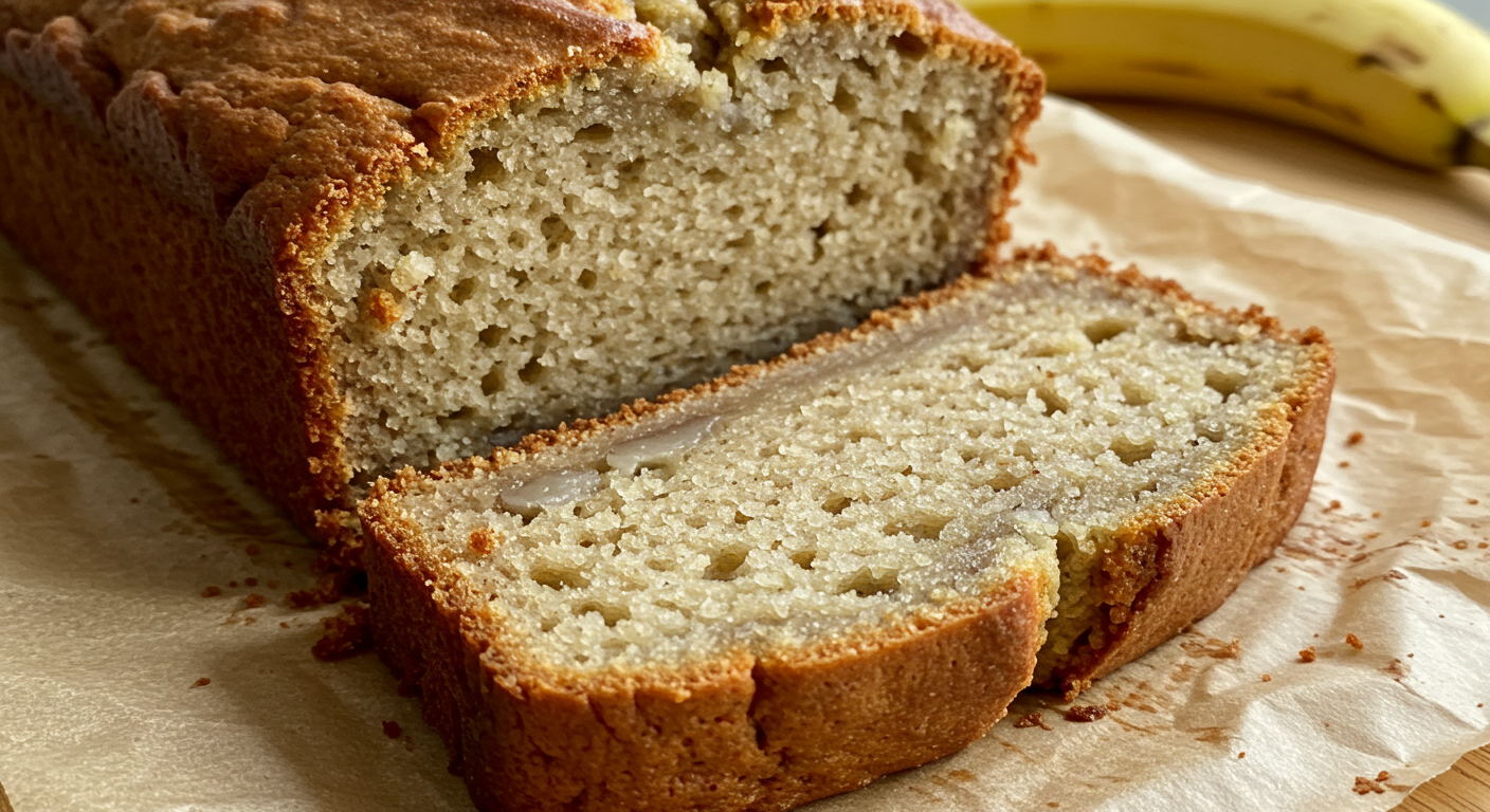 A freshly baked loaf of 4 Ingredient Banana Bread resting on a wooden cutting board, with a few slices cut to reveal the moist and fluffy texture. The bread is surrounded by ripe bananas and a glass of milk on a modern kitchen countertop.