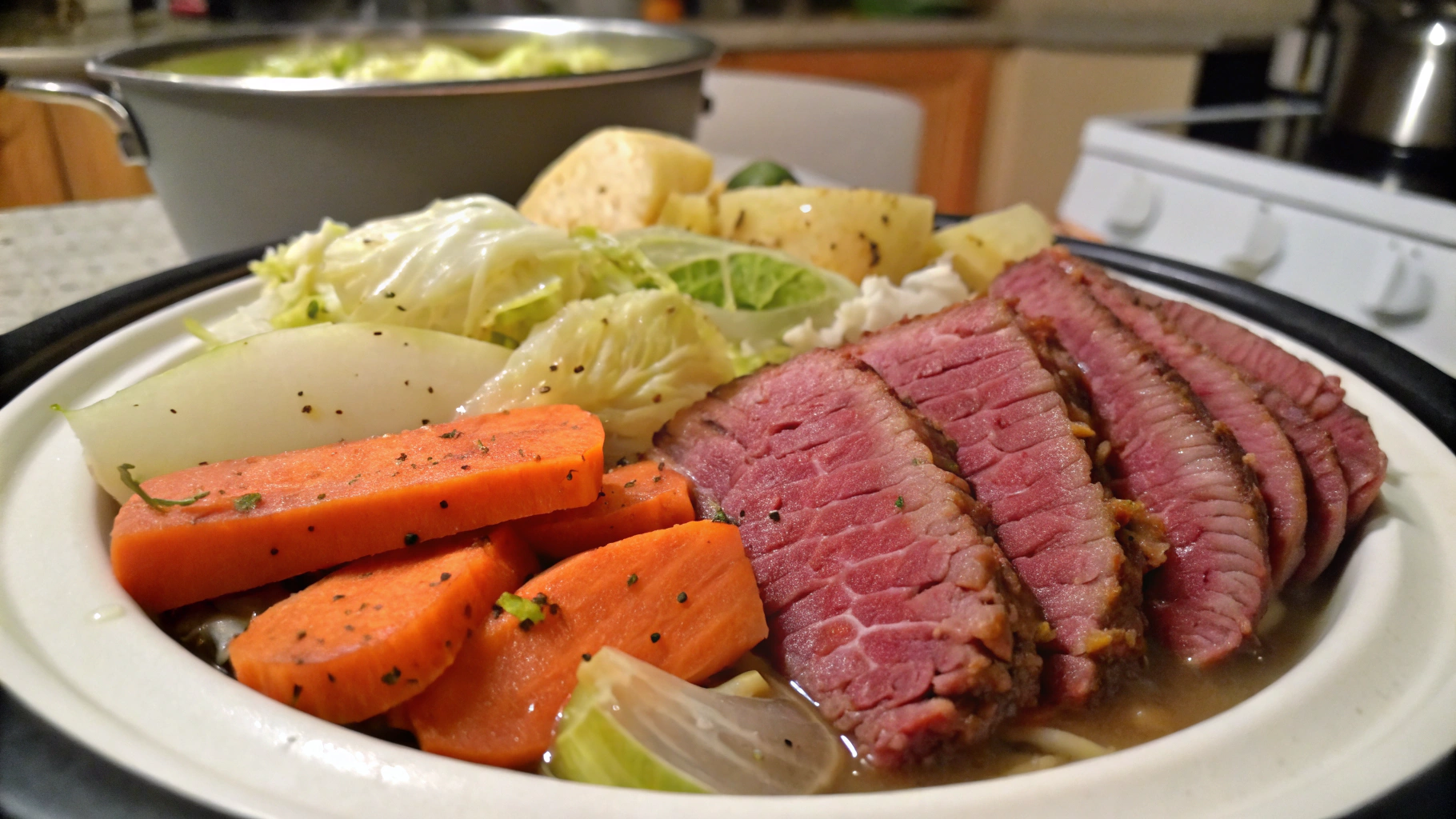 A plate of tender corned beef with steamed cabbage, carrots, and potatoes prepared in an Instant Pot.