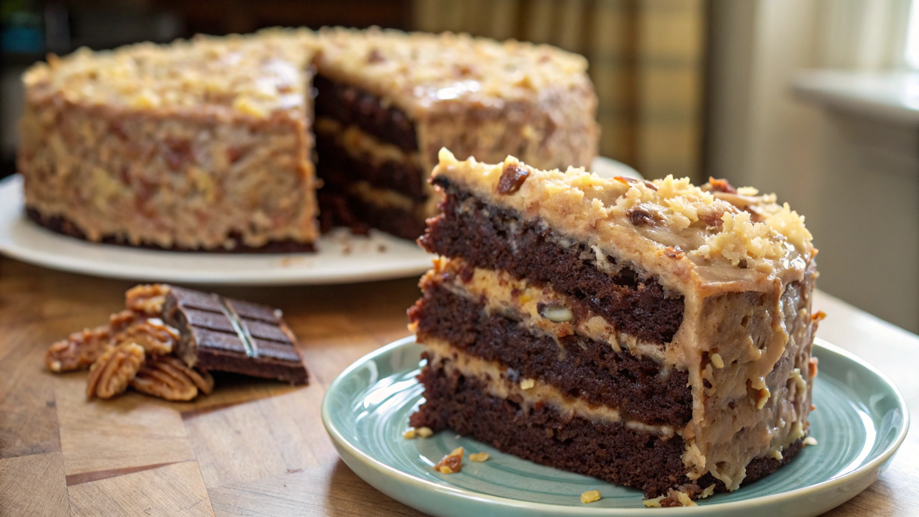 A luscious slice of Irresistible German Chocolate Cake with layers of moist chocolate and creamy coconut-pecan frosting.