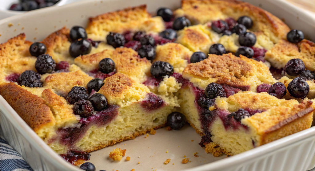 Overnight Blueberry French Toast Casserole served on a plate with fresh blueberries and syrup.