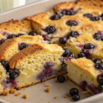 Overnight Blueberry French Toast Casserole served on a plate with fresh blueberries and syrup.