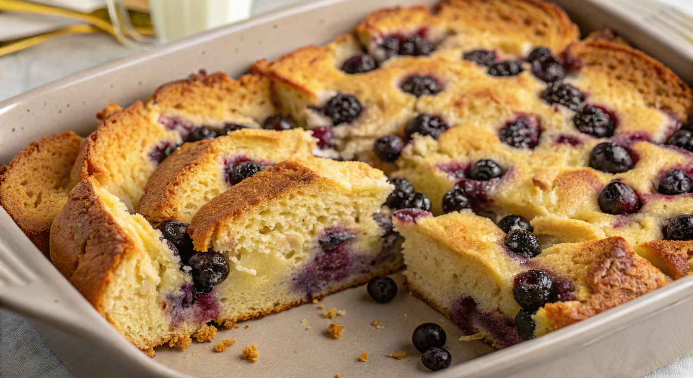 Overnight Blueberry French Toast Casserole served on a plate with fresh blueberries and syrup.