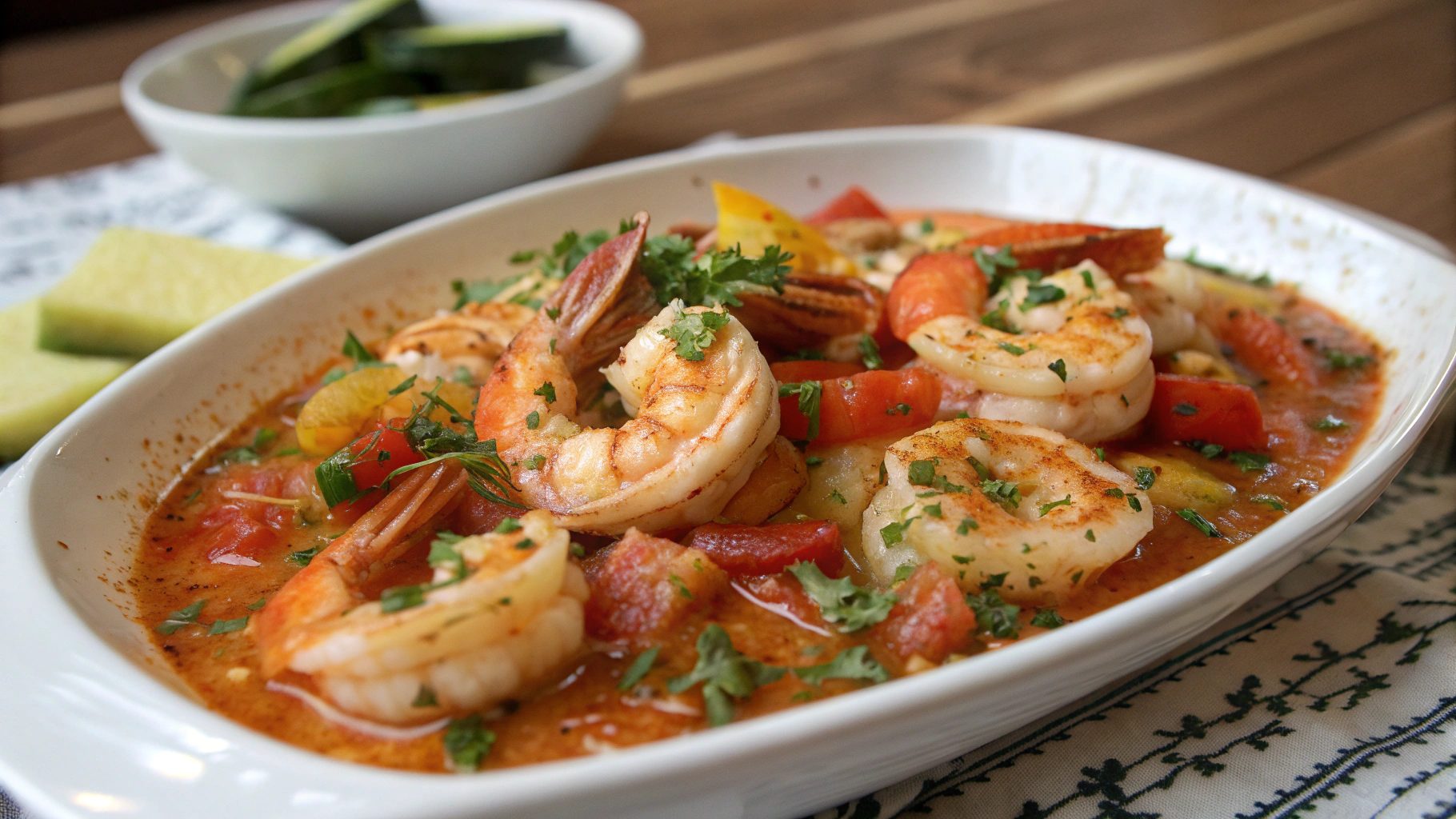 Shrimp Mozambique with zesty seasoning and tender shrimp in a flavorful sauce.