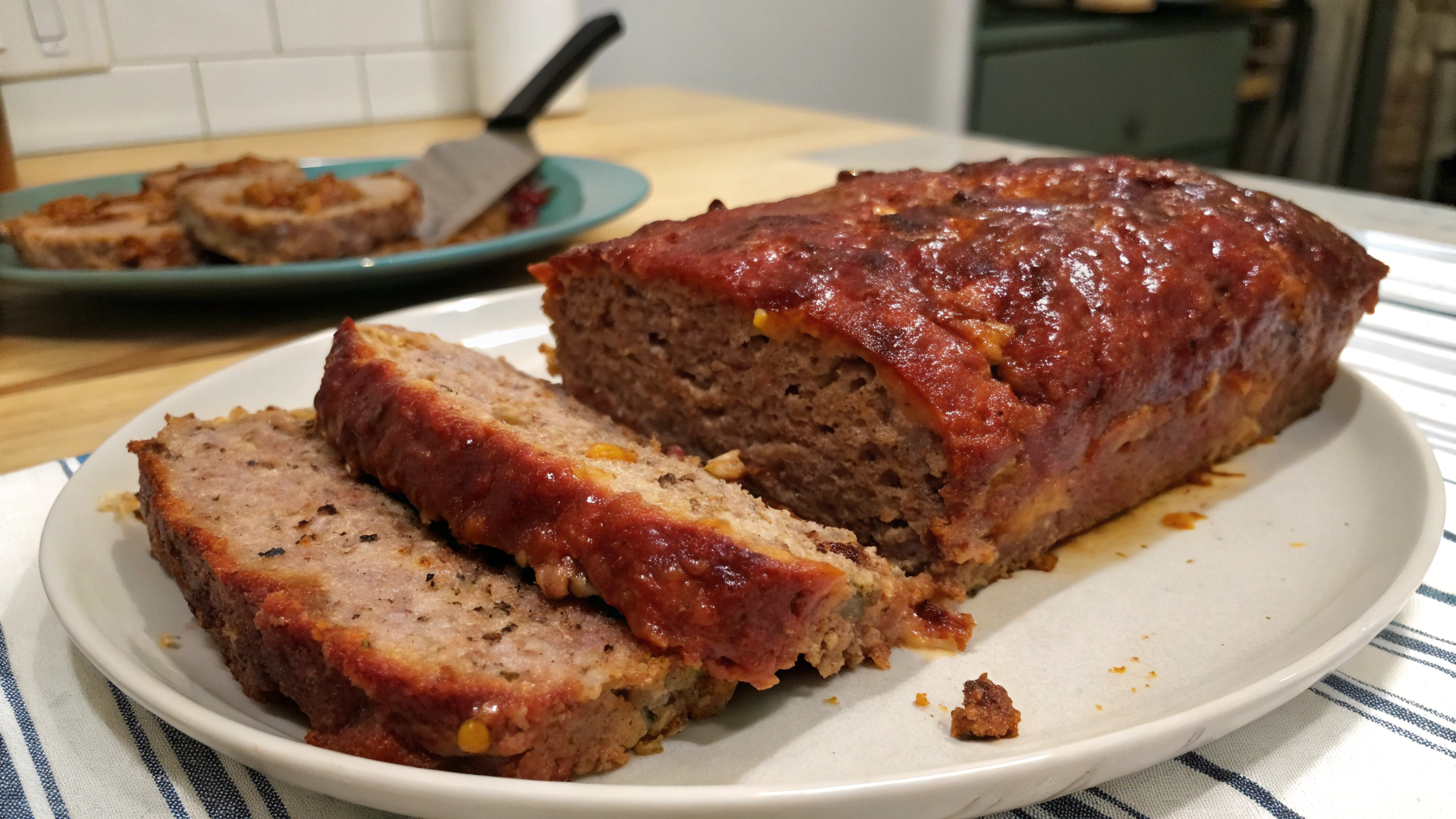 Classic meatloaf served with mashed potatoes and vegetables on a plate