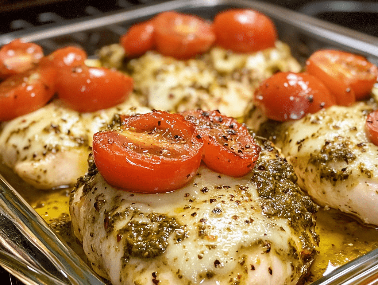 Juicy baked pesto chicken topped with melted cheese, served in a white dish with fresh basil garnish.