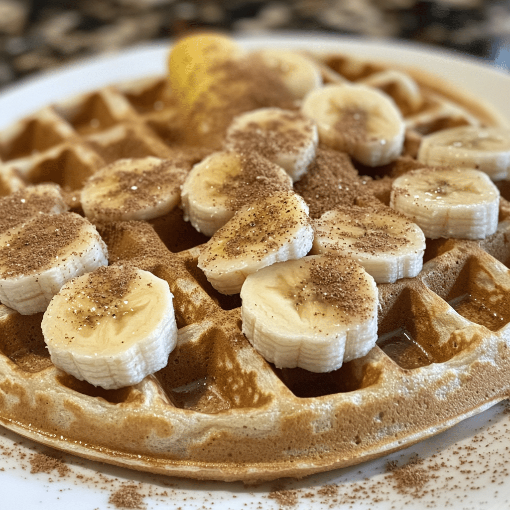 A stack of warm, golden-brown banana waffles topped with fresh banana slices, drizzled with maple syrup, and dusted with powdered sugar. A fork is placed beside the plate.