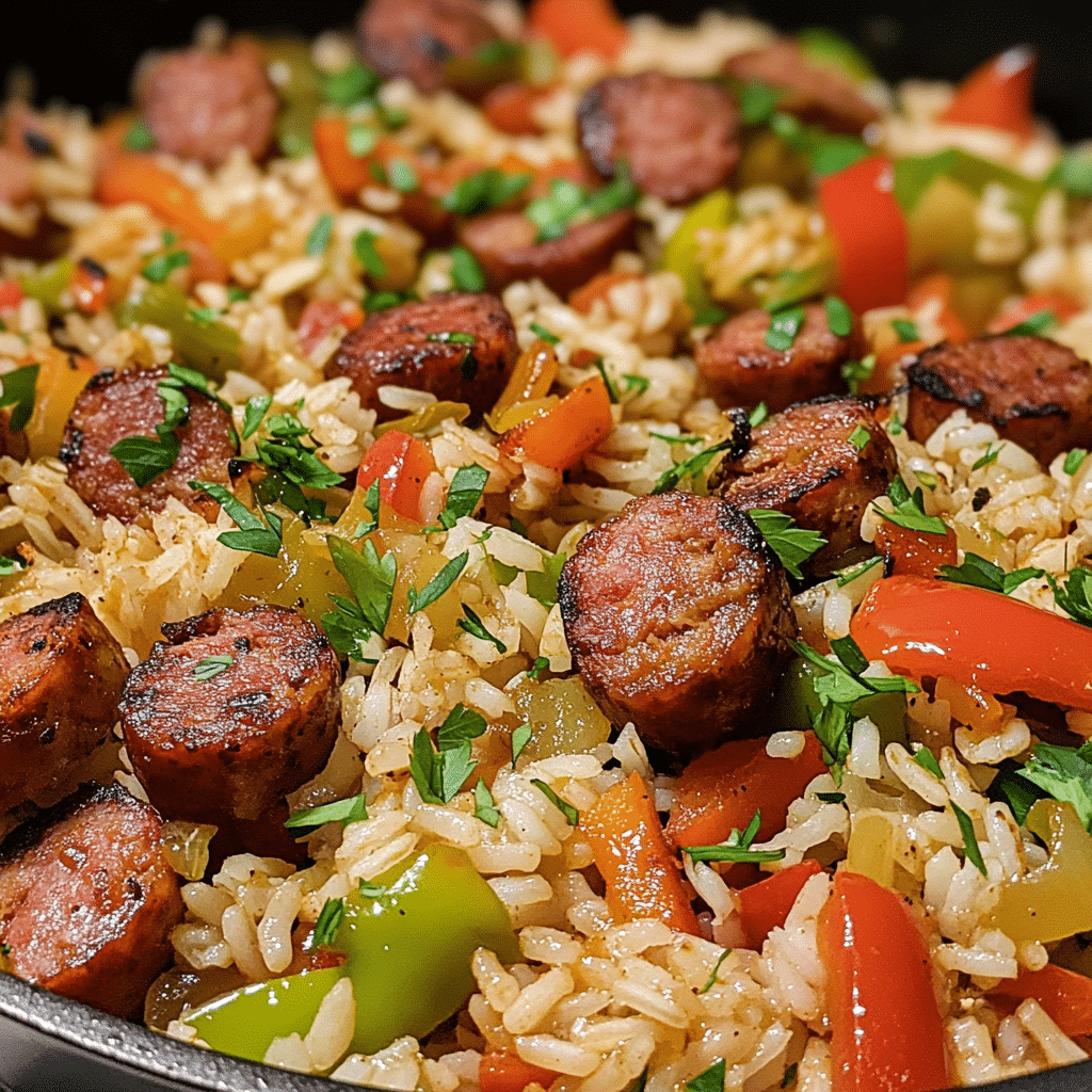 A flavorful Cajun Sausage and Rice Skillet with vibrant vegetables and bold spices