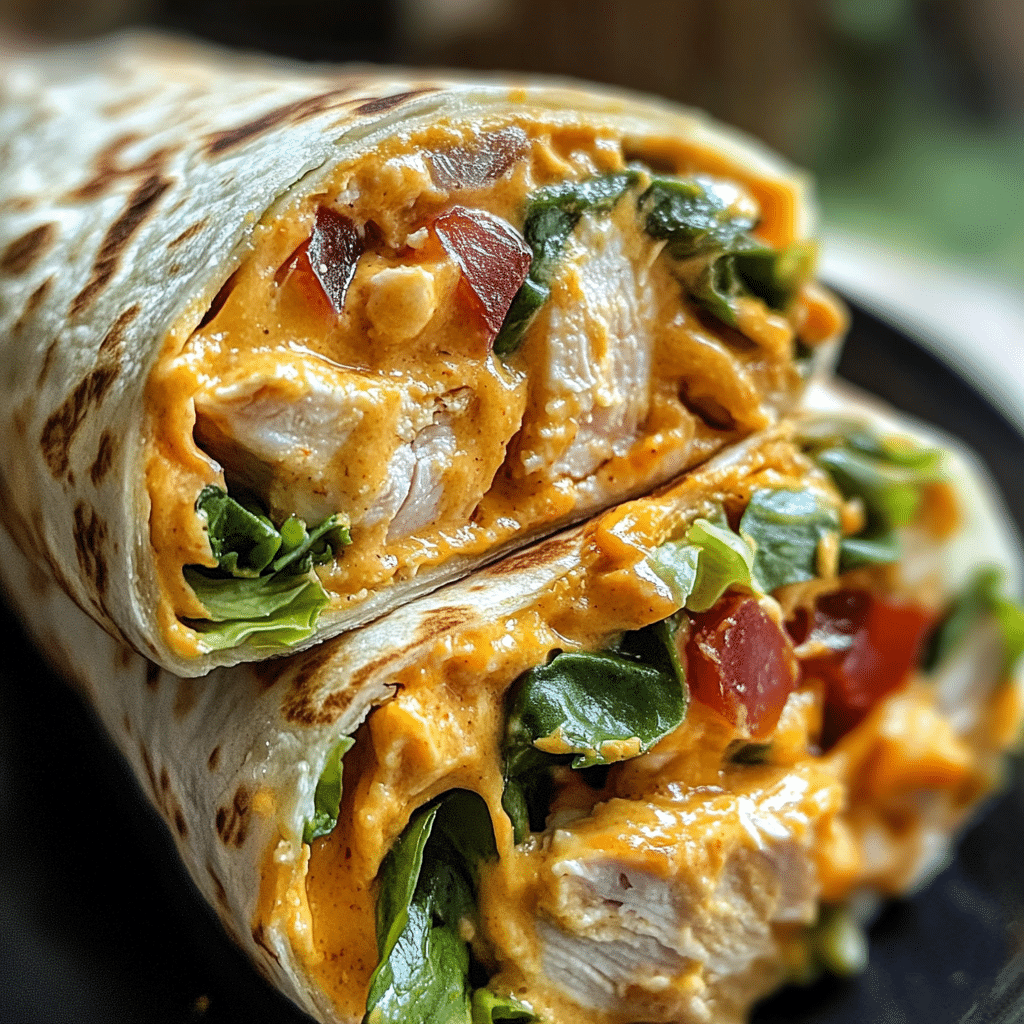 Cheesy Chicken Wrap with melted cheese, chicken, and fresh veggies in a soft tortilla wrap.