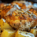 Garlic Parmesan Chicken and Potatoes served on a plate, with crispy roasted potatoes and juicy chicken breasts.