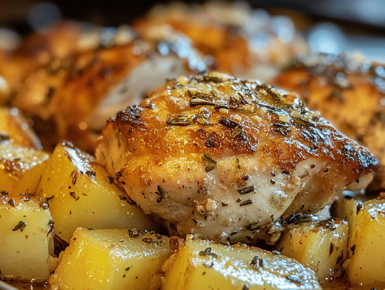 Garlic Parmesan Chicken and Potatoes served on a plate, with crispy roasted potatoes and juicy chicken breasts.