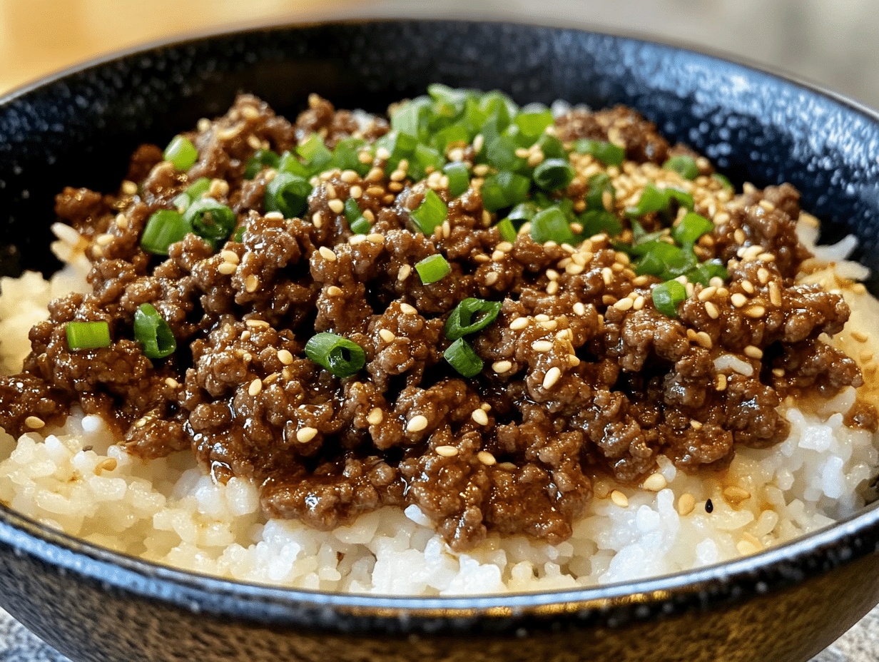 A delicious Korean Ground Beef Bowl served over white rice, topped with fresh green onions and sesame seeds.